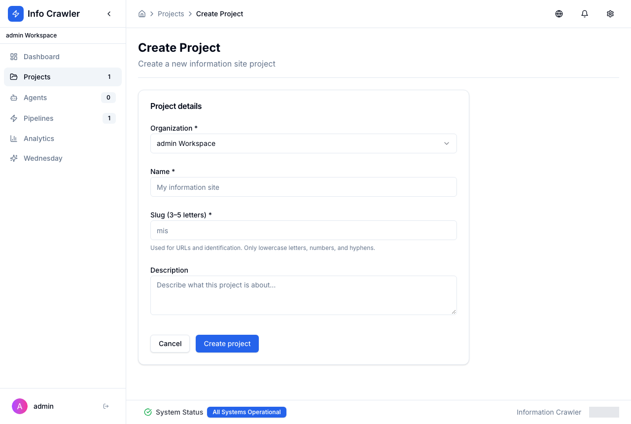 Create project form